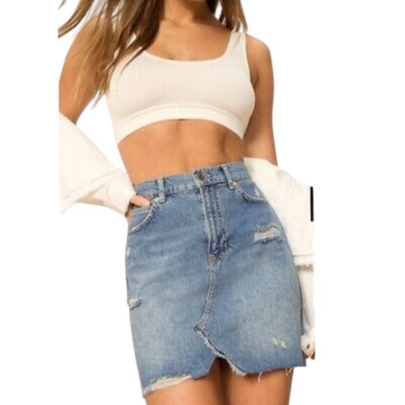 Free People Denim Mini Skirt Size 26" Blue Ripped Asymmetric Hallie Boho Chic - Picture 1 of 15